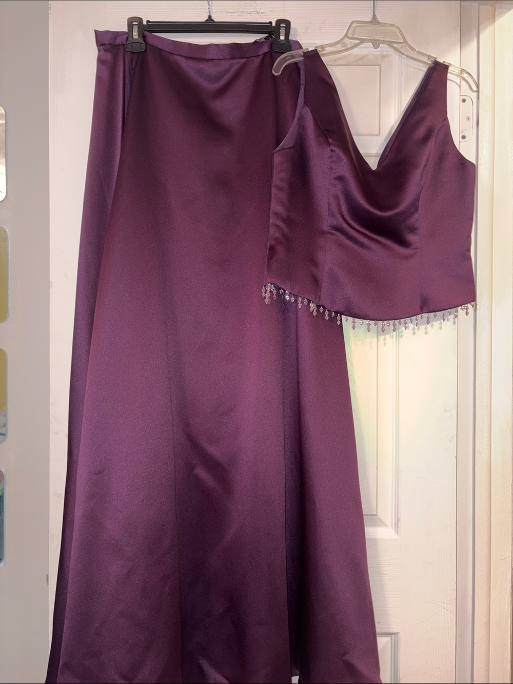 Formal Purple Satin Two-Piece Beaded Hem Dress Set